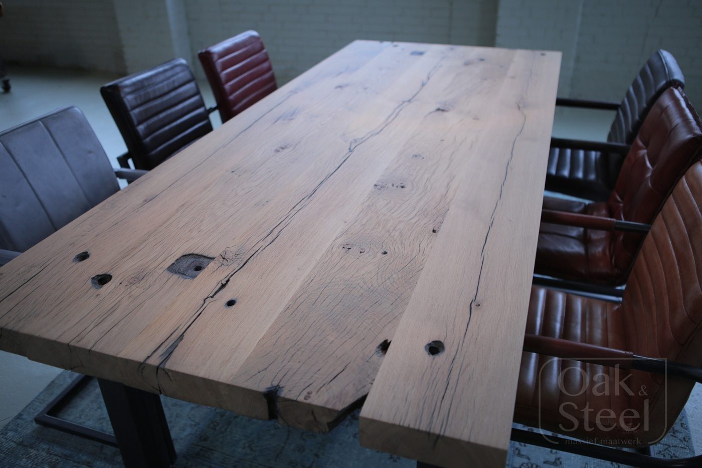 ruimte Aanpassing Netjes Industriële tafel Eiken Wagonplanken - Oak & Steel